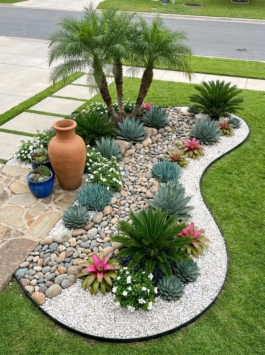 Jardim seco com pedras, vasos de barro e suculentas