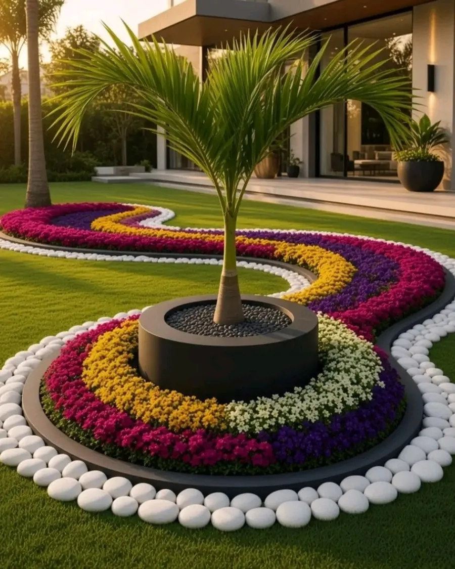 Palmeira com canteiro de flores em espiral